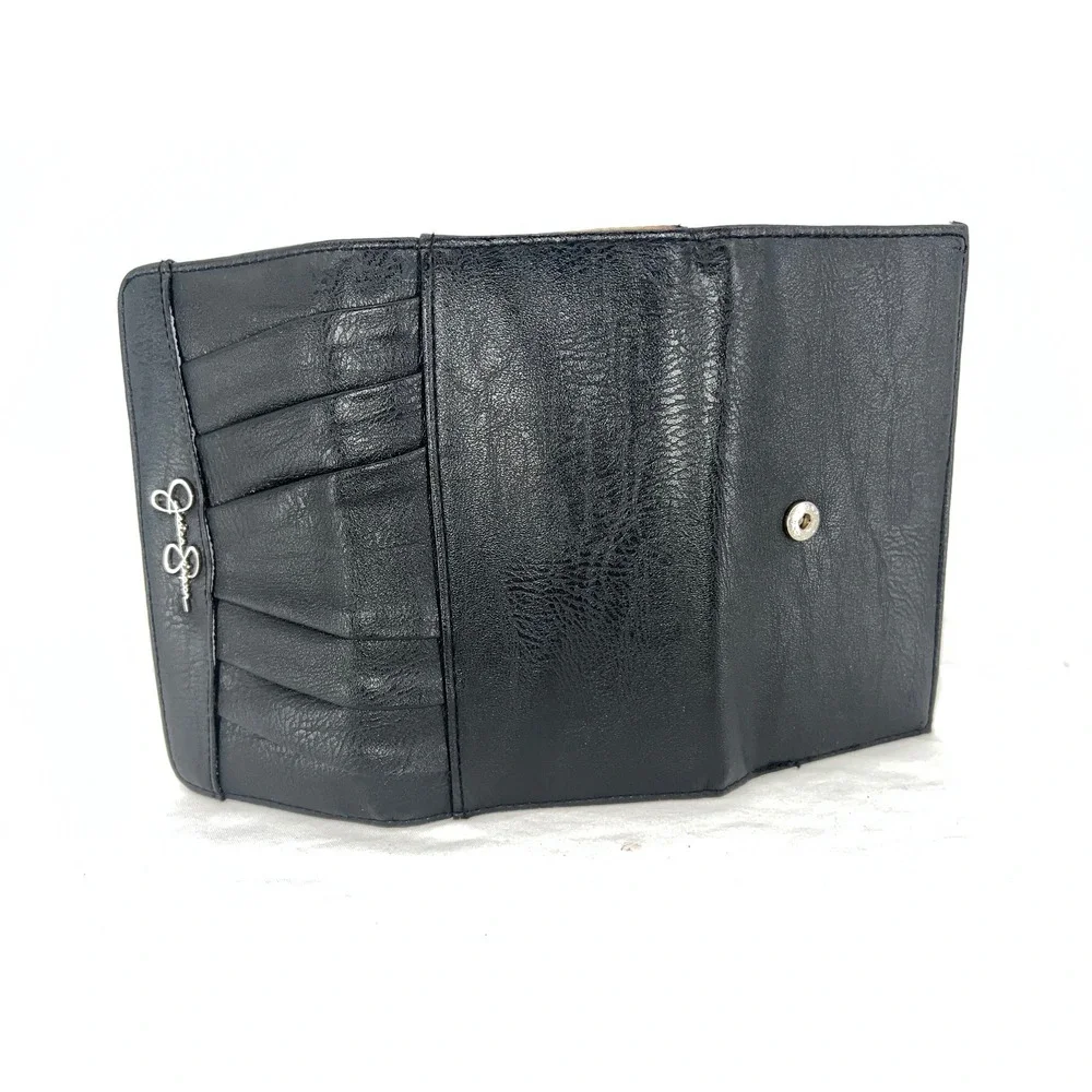Jessica Simpson Black Pleated Trifold Wallet Leopard Print Interior Silver‎ Logo